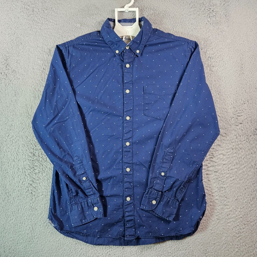 Urban Pipeline Shirt Men Medium Button Up Long‎ Sleeve White Dot Navy Blue